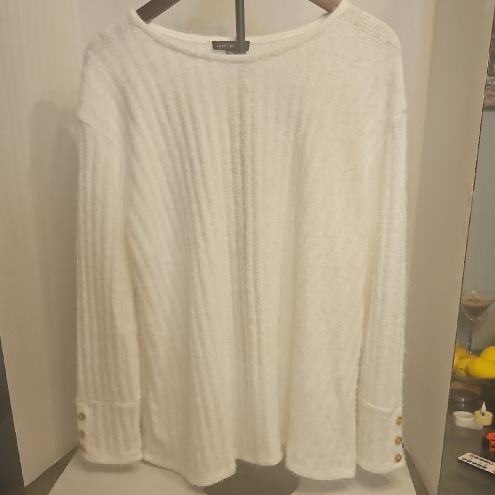 Lane Bryant White Ribbed Fuzzy Long Sleeve Sweater